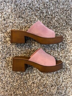 Seychelles Pink Suede and Wood Platform Slide Heels